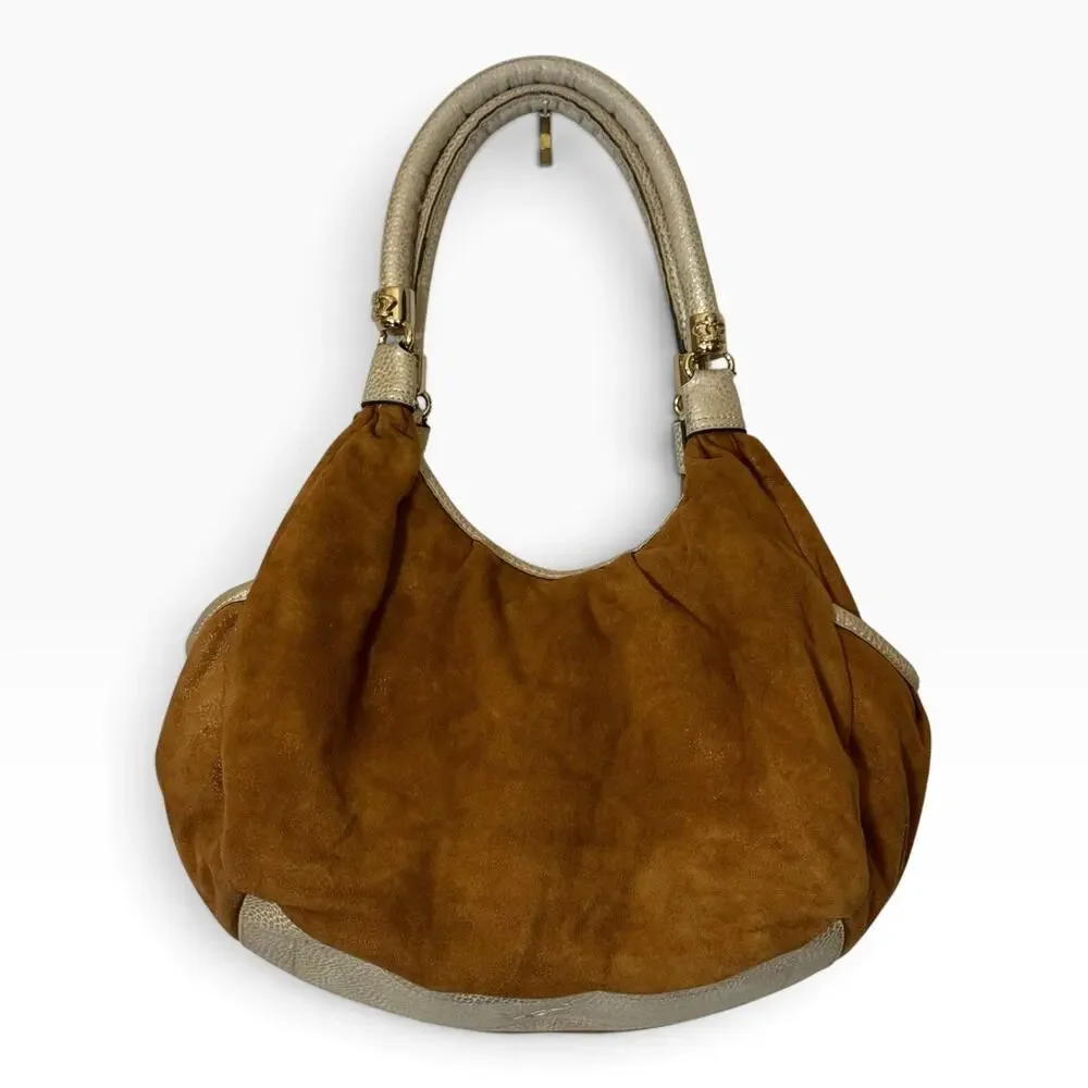 Kathy Van Zeeland Y2K Brown Faux Suede Hobo Bag Gold Crown Studded Purse